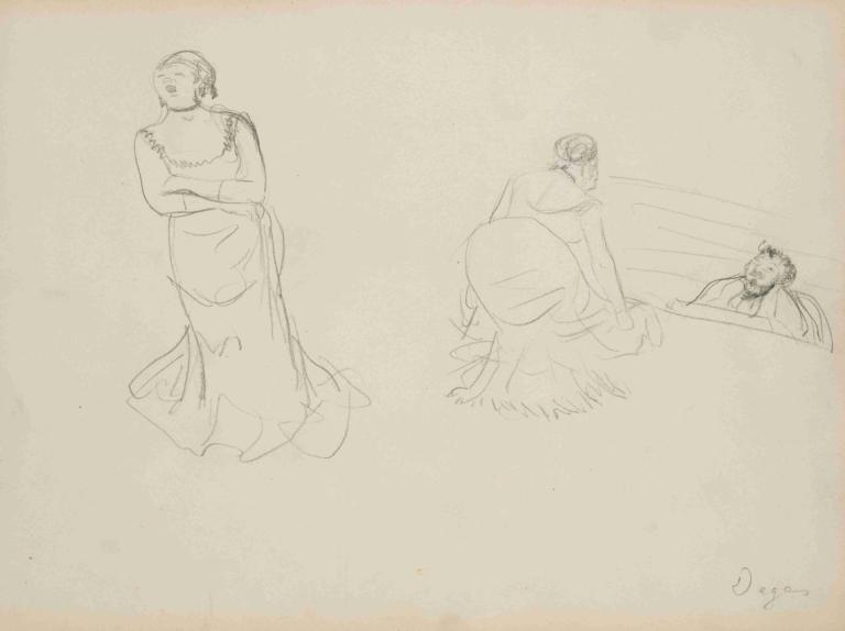 Two Sketches,두 개의 스케치,Edgar Degas,에드가 드가,스케치,스케치, 스케치, 단색화, 드레스, 여자 1명, 아기, 여러 여자