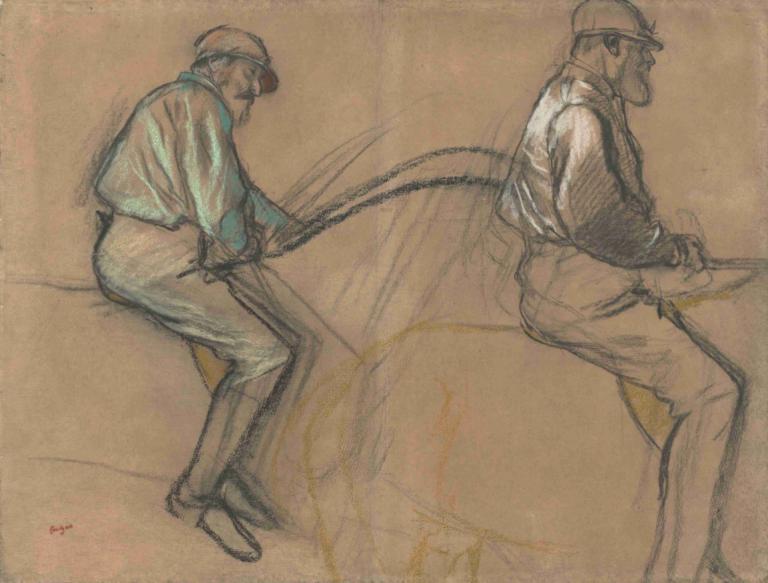 Two Studies of a Jockey,기수에 대한 두 가지 연구,Edgar Degas,에드가 드가,컬러 스케치,컬러 스케치, 2소년, 여러 소년, 남성 집중, 모자, 야구 모자, 전통 미디어