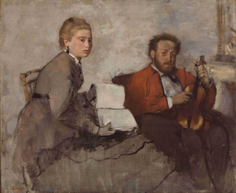 Violinist and Young Woman,바이올리니스트와 젊은 여성,Edgar Degas,에드가 드가,오일 페인팅,오일 페인팅, 여자 1명, 미술 패러디, 좌석, 1남, 얼굴 털