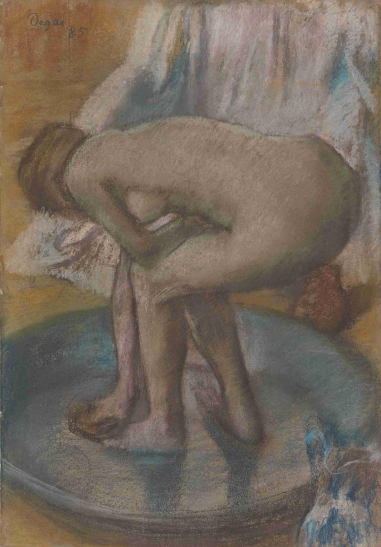 Woman Bathing in a Shallow Tub,Kvinne som bader i et grunt badekar,Edgar Degas,Pastell,Pastell, naken