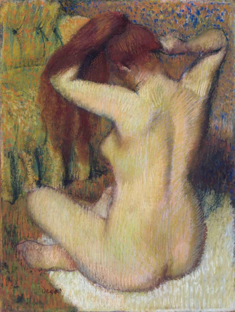 Woman Combing Her Hair,Kvinne som kjemmer håret,Edgar Degas,Pastell,Pastell, 1 jente, solo, naken, sitter