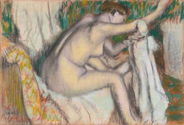 Woman Drying Her Arm,Kvinne som tørker armen,Edgar Degas,Pastell,Pastell, 1 jente, naken, kunstparodi