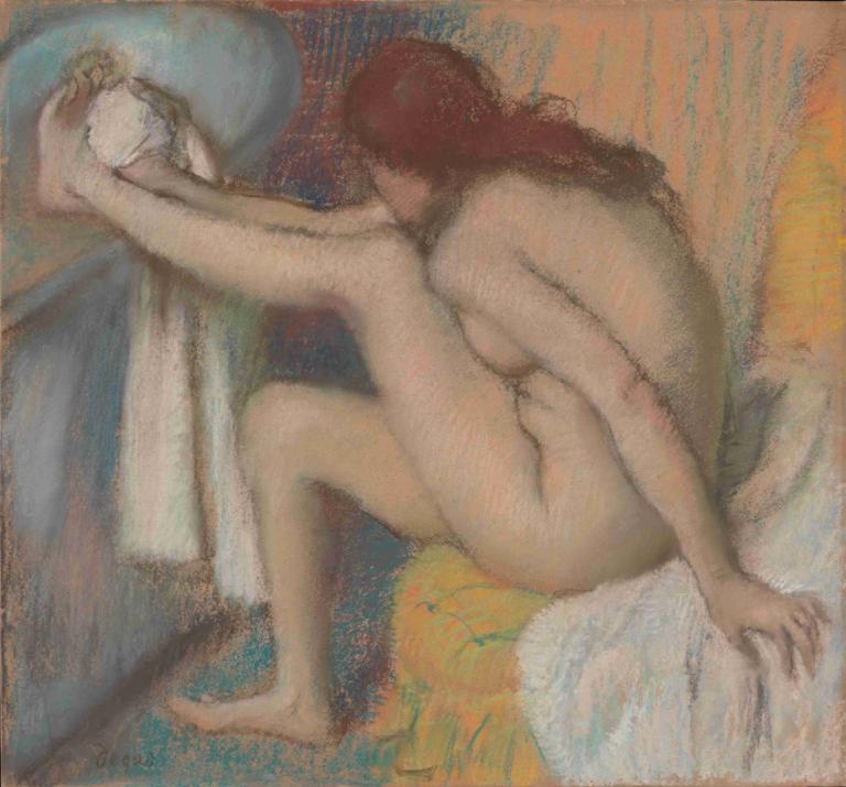 Woman Drying Her Foot,Kvinne som tørker foten,Edgar Degas,Pastell,Pastell, naken, 1 jente, bryster