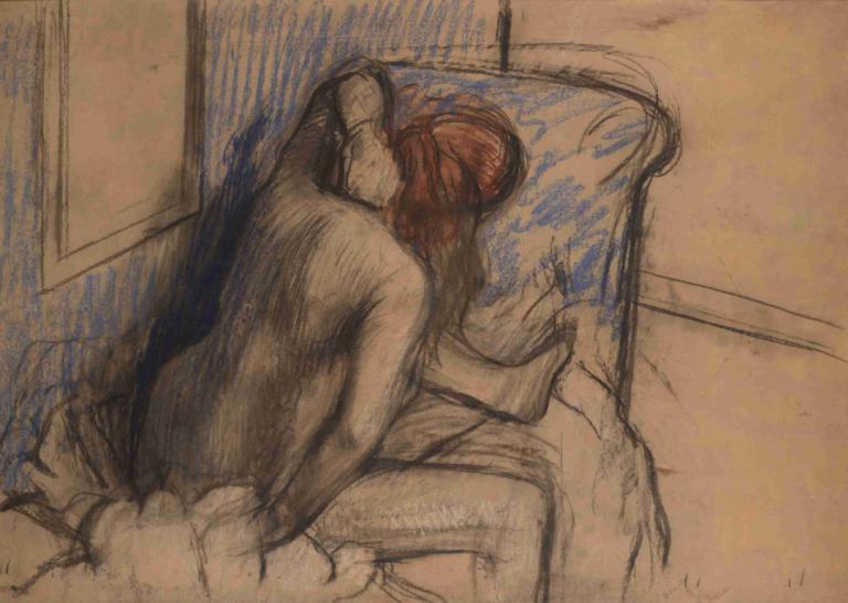 Woman Drying Her Hair,Kvinne som tørker håret,Edgar Degas,Pastell,Pastell, 1 jente, hetero, naken, 1 gutt