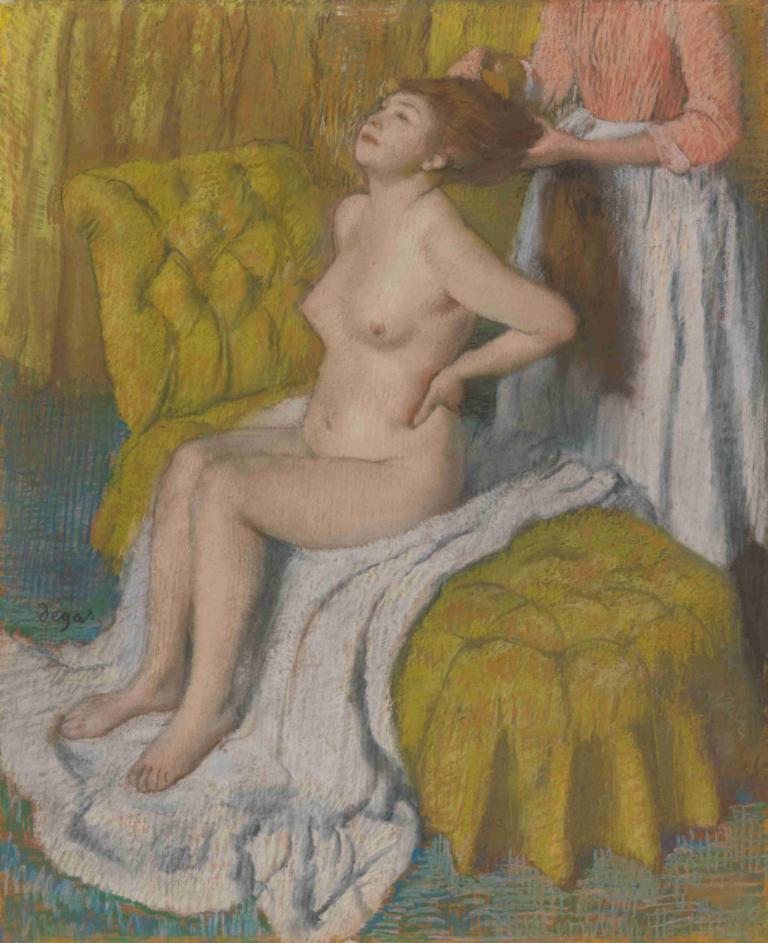 Woman Having Her Hair Combed,Kvinne som har håret kjemmet,Edgar Degas,Pastell,Pastell, brystvortene, naken