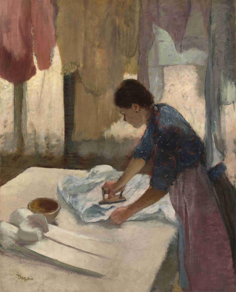 Woman Ironing,Kvinne stryking,Edgar Degas,Pastell,Pastell, 1 jente, solo, bord, skjorte, svart hår, skjørt