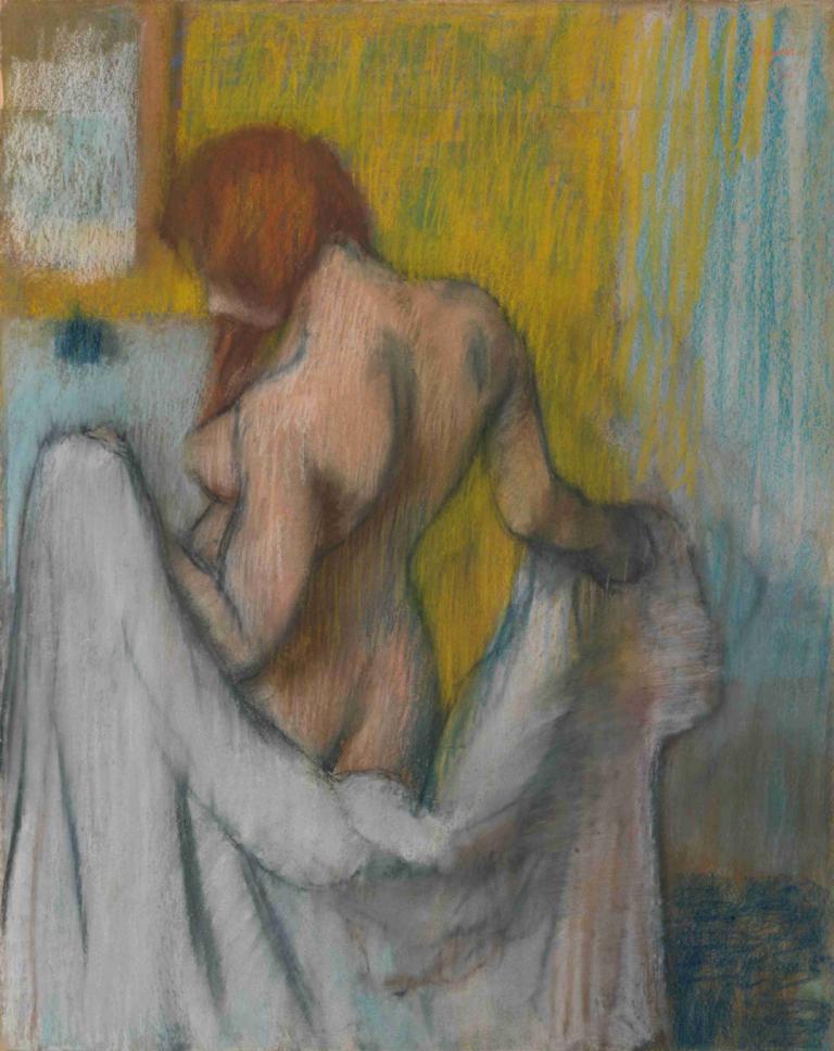 Woman with a Towel,Kvinne med et håndkle,Edgar Degas,Pastell,Pastell, 1 jente, solo, naken, bryster, tilbake