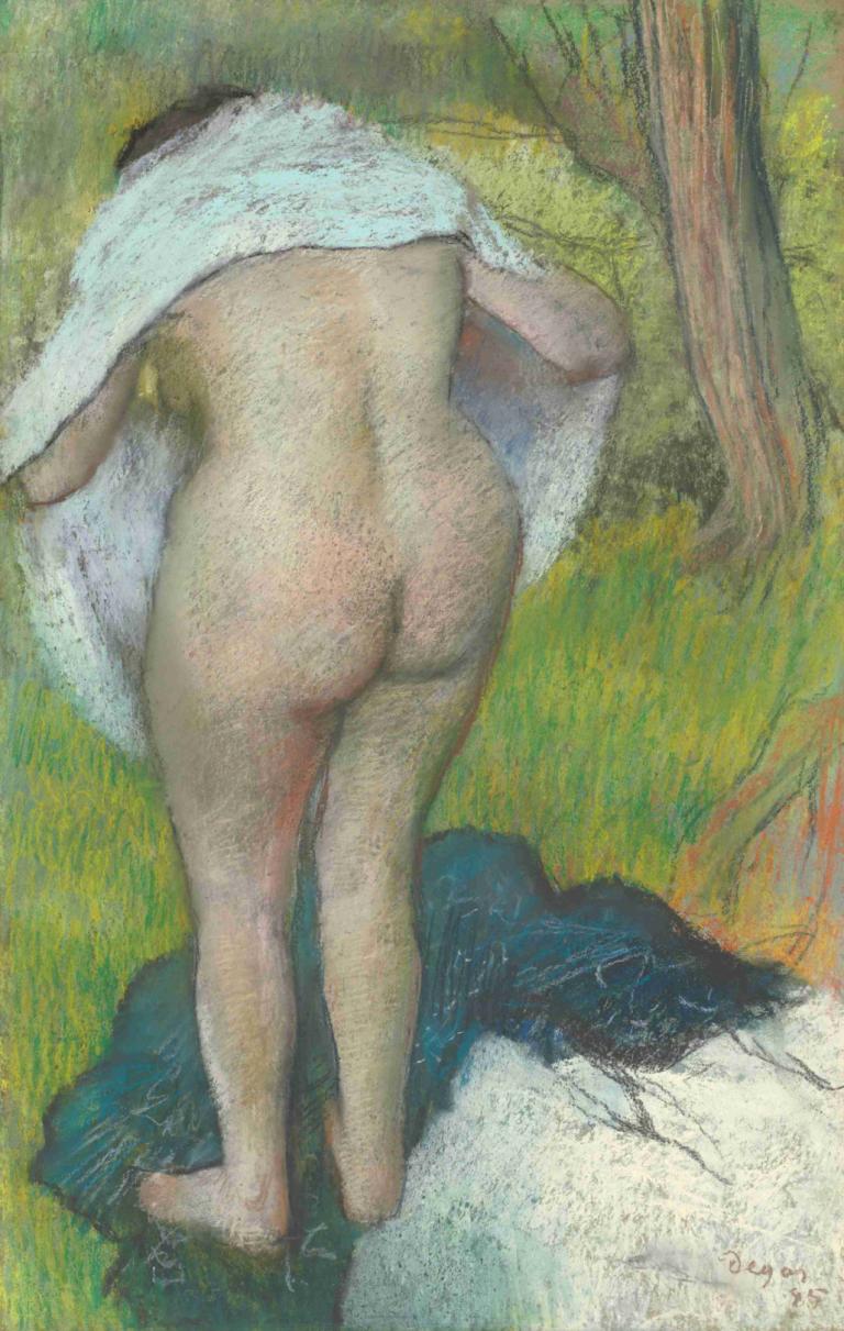 Young Woman Dressing Herself,Ung kvinne kler seg,Edgar Degas,Pastell,Pastell, ass, solo, naken, 1 jente