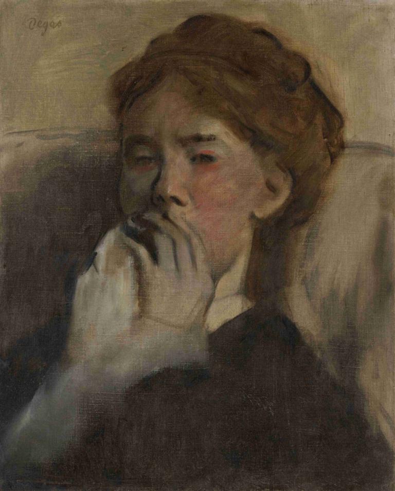 Young Woman with Her Hand over Her Mouth,입에 손을 대고 있는 젊은 여성,Edgar Degas,에드가 드가,오일 페인팅,오일 페인팅, 독주, 1남, 남성 집중