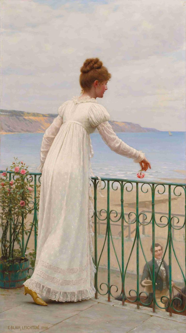 A Favour,En tjeneste,Edmund Blair Leighton,Oliemaleri,Oliemaleri, 1 pige, kjole, hvid kjole, blomst, 1 dreng