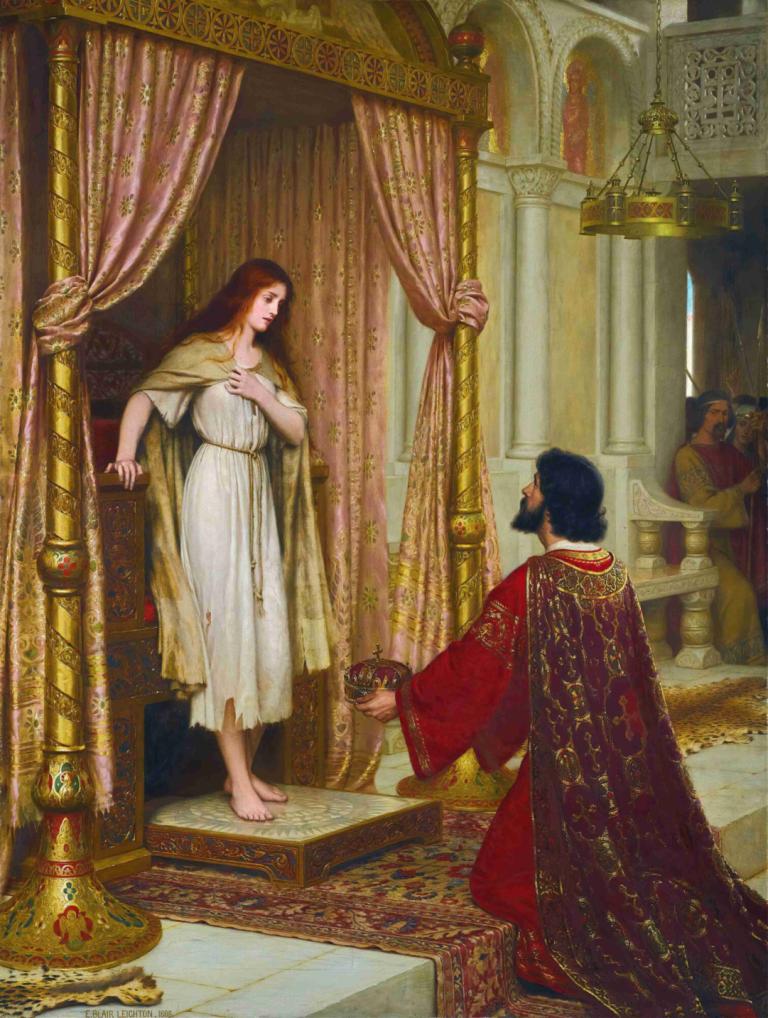 A King And A Beggar Maid,Edmund Blair Leighton,Oil Painting,Oil Painting, barefoot, fine art parody, curtains