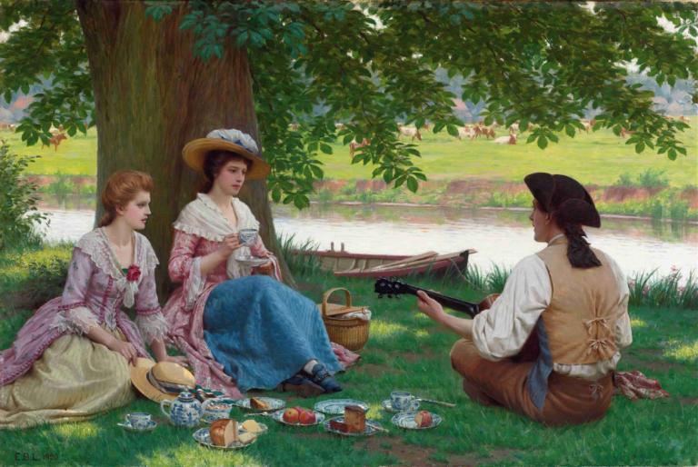 A Picnic Party,Edmund Blair Leighton,Oil Painting,Oil Painting, hat, multiple girls, picnic, tree, sitting