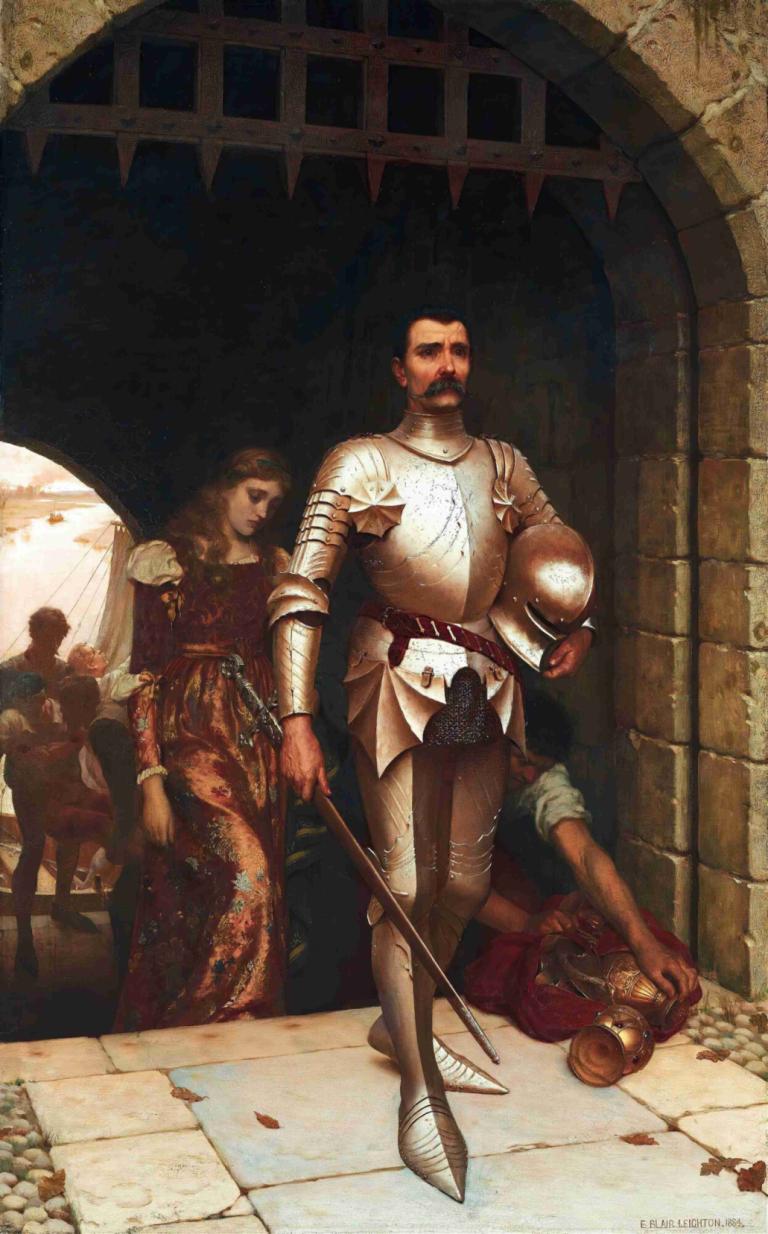 Conquest,Conquista,Edmund Blair Leighton,Pintura al óleo,Pintura al óleo, casco, armadura, varios chicos