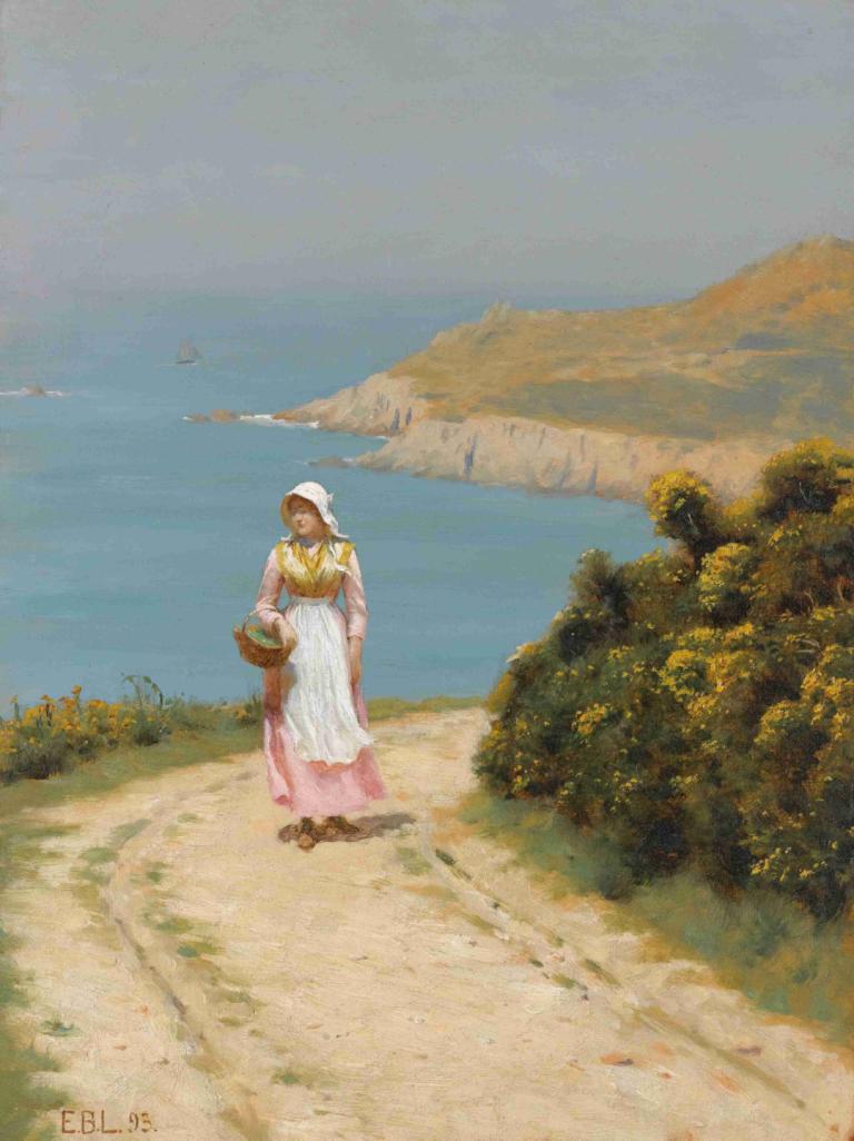 Girl On A Coastal Path,Edmund Blair Leighton,Oil Painting,Oil Painting, 1girl, outdoors, solo, basket, apron