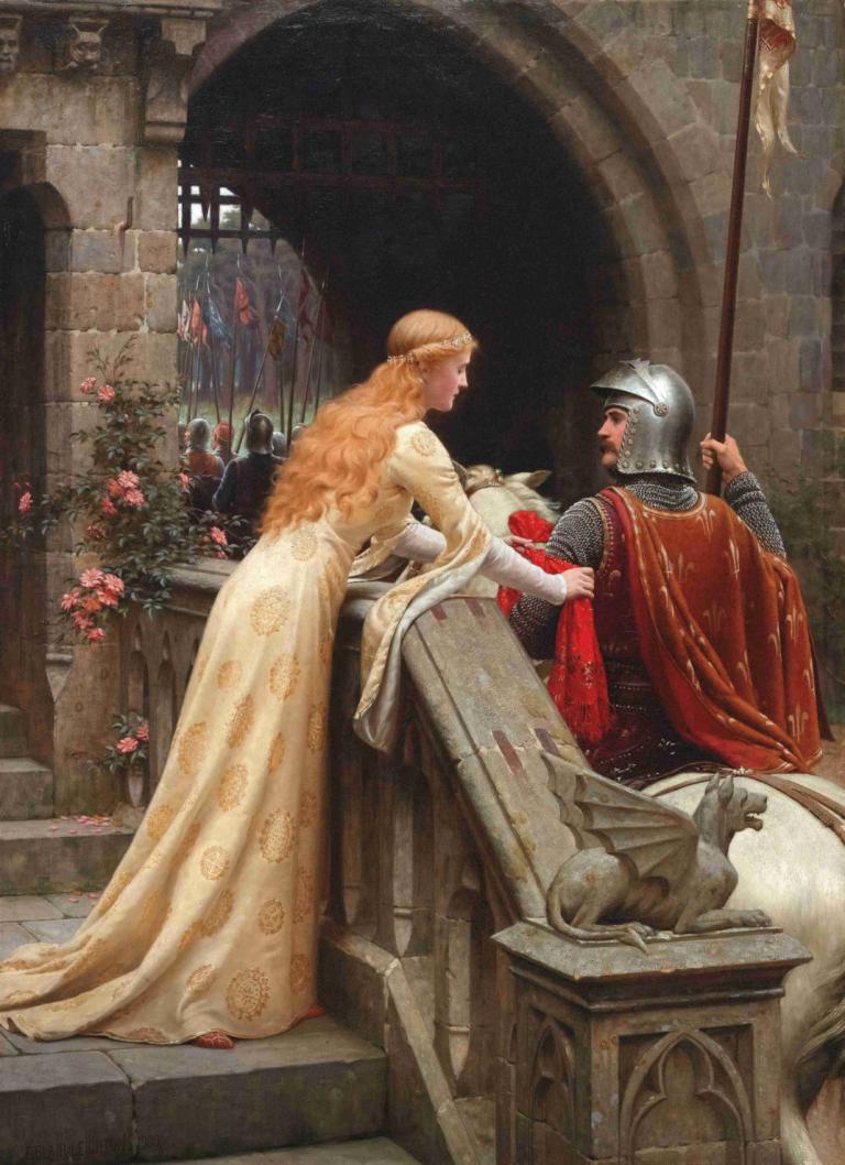 God Speed,ゴッド・スピード,Edmund Blair Leighton,エドモンド・ブレア・レイトン,油絵,油絵, 美術パロディ, 長い髪, ヘルメット, 1女の子, 鎧, ケープ, ドレス, 花