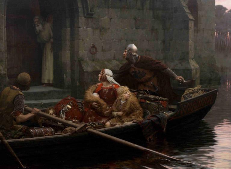 In Time Of Peril,Edmund Blair Leighton,Oil Painting,Oil Painting, multiple boys, watercraft, boat