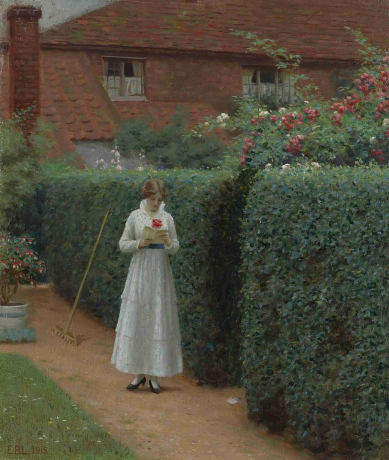 Le billet doux,胆汁,Edmund Blair Leighton,エドモンド・ブレア・レイトン,油絵,油絵, 花, 1女の子, ソロ, ドレス, 黒い靴, 植物, 屋外, ホールディング, 家, 庭