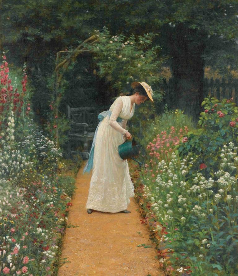 My Lady's Garden,Edmund Blair Leighton,Oil Painting,Oil Painting, 1girl, dress, flower, white dress, hat