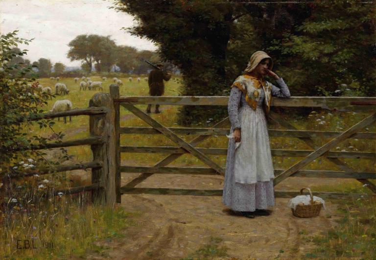 Off,Edmund Blair Leighton,Oil Painting,Oil Painting, outdoors, tree, hat, grass, scenery, 1girl, fence