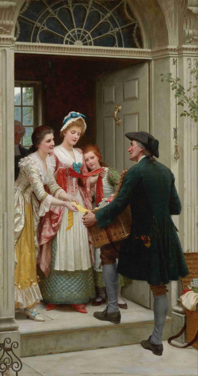 Ribbons And Laces For Very Pretty Faces,Linten en veters voor mooie gezichten,Edmund Blair Leighton,Olieverf