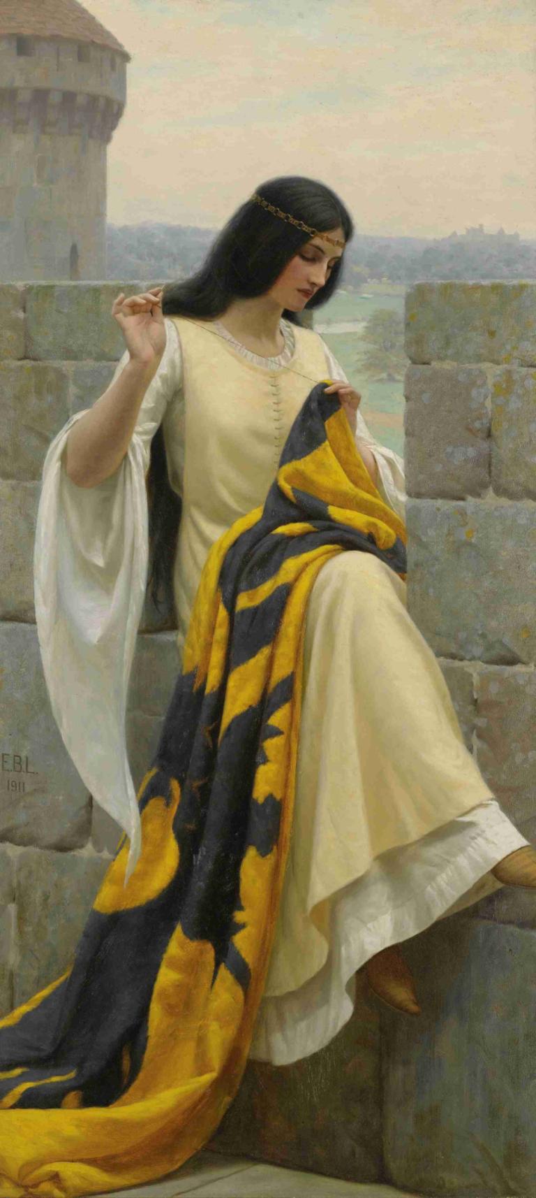 Stitching The Standard,Cucitura dello standard,Edmund Blair Leighton,Pittura ad olio,Pittura ad olio