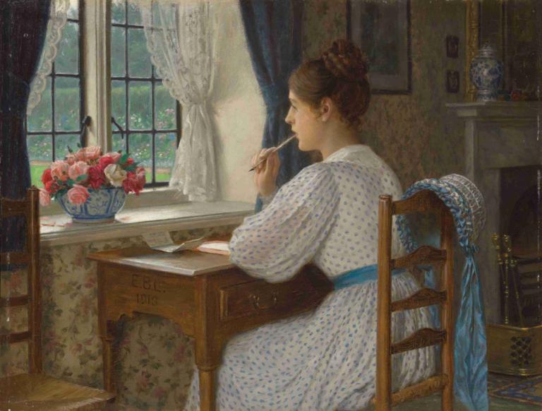 Straying Thoughts,游离的思绪,Edmund Blair Leighton,埃德蒙-布莱尔-莱顿,油画,油画, 1个女孩, 花, 窗户, 在室内, 窗帘, 椅子, 坐着, 花瓶, 独奏, 桌子