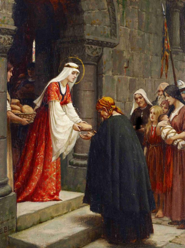 The Charity of Saint Elizabeth of Hungary,匈牙利圣伊丽莎白慈善机构,Edmund Blair Leighton,埃德蒙-布莱尔-莱顿,油画,油画, 美术模仿, 长袍, 多个男孩