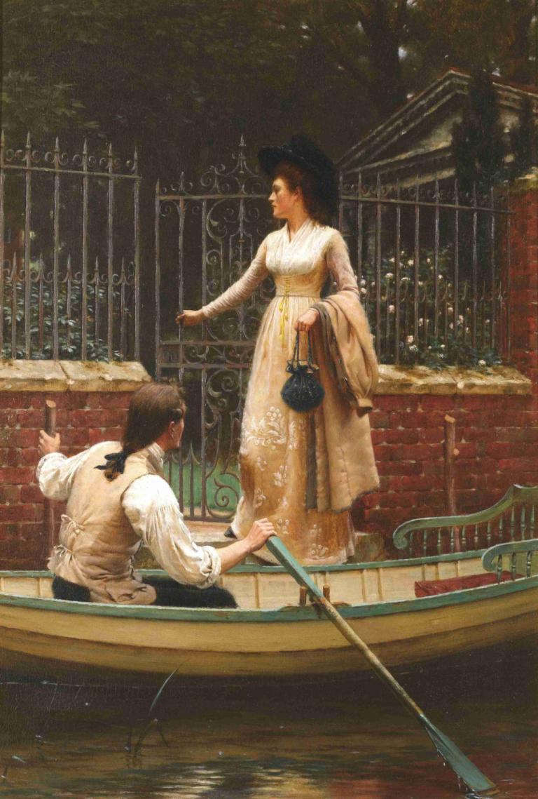 The Elopement,Edmund Blair Leighton,Oil Painting,Oil Painting, 1girl, 1boy, watercraft, boat, water