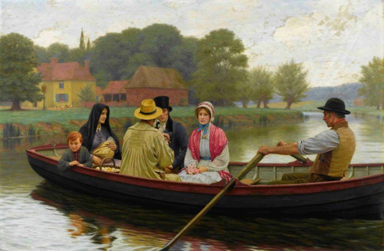 The Ferry,페리,Edmund Blair Leighton,에드먼드 블레어 레이튼,오일 페인팅,오일 페인팅, 선박, 보트, 여러 소년, 모자, 옥외, 흑발, 물, 얼굴 털, 미술 패러디, 좌석