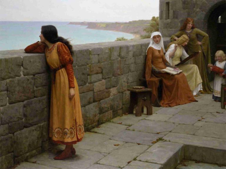 The Hostage,인질,Edmund Blair Leighton,에드먼드 블레어 레이튼,오일 페인팅,오일 페인팅, 여러 소년, 미술 패러디, 여러 여자, 드레스, 흑발, 좌석, 블론드 헤어