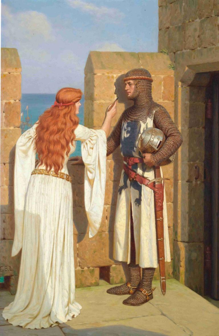 The Shadow,그림자,Edmund Blair Leighton,에드먼드 블레어 레이튼,오일 페인팅,오일 페인팅, 여자 1명, 헬멧, 긴 머리, 무기, 옷, 1남, 검, 드레스, 옥외, 갑옷