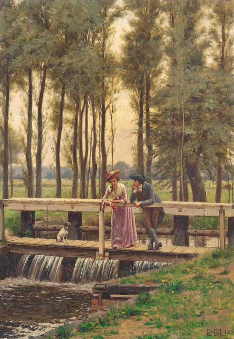 The Trysting Place,トリスティング・プレイス,Edmund Blair Leighton,エドモンド・ブレア・レイトン,油絵,油絵, 屋外, 1女の子, 木, 男の子1名, ドレス, 自然, 帽子