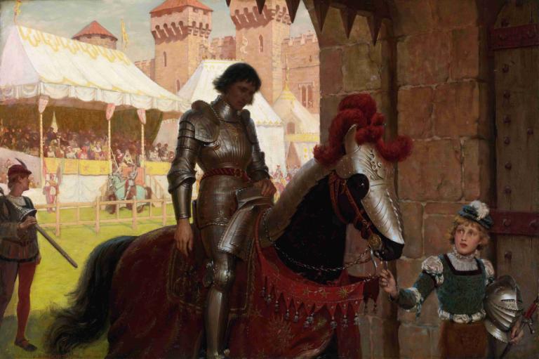 Vanquished,Sconfitto,Edmund Blair Leighton,Pittura ad olio,Pittura ad olio, armatura, casco, arma, all'aperto