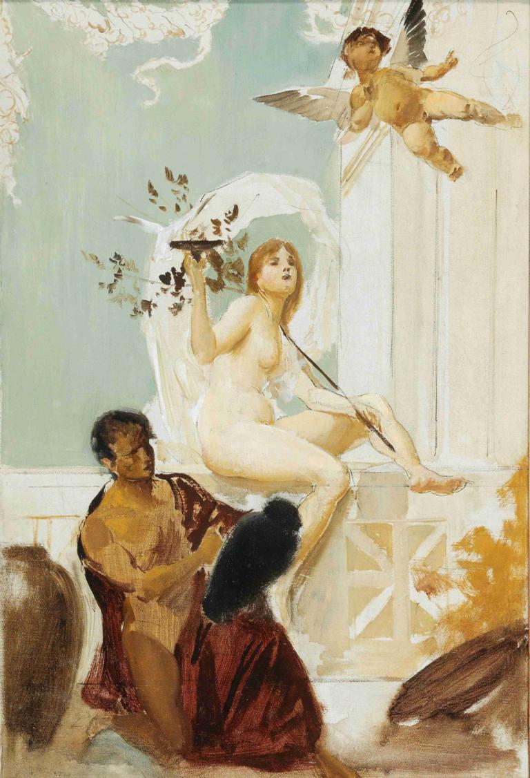 Allegorie,Eduard Veith,Oil Painting,Oil Painting, fine art parody, wings, nude, faux traditional media