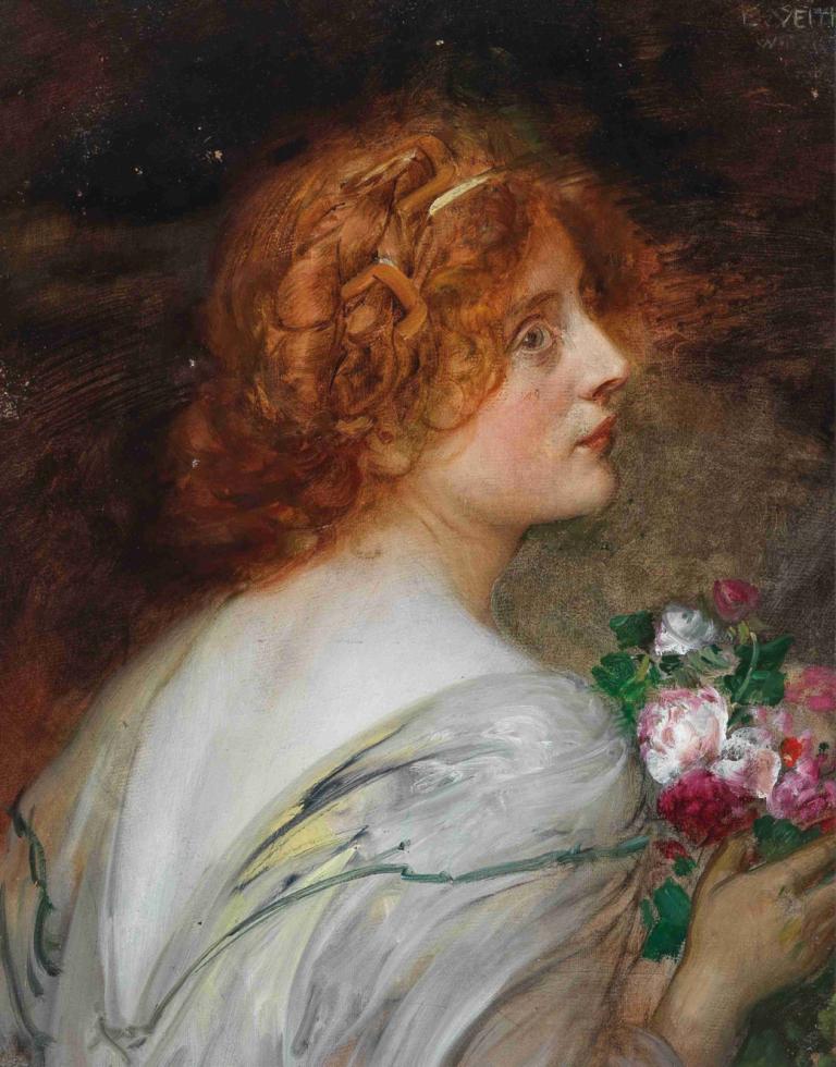 Back View Of A Young Woman In Profile With A Bouquet Of Roses In Her Hands,Eduard Veith,Oil Painting