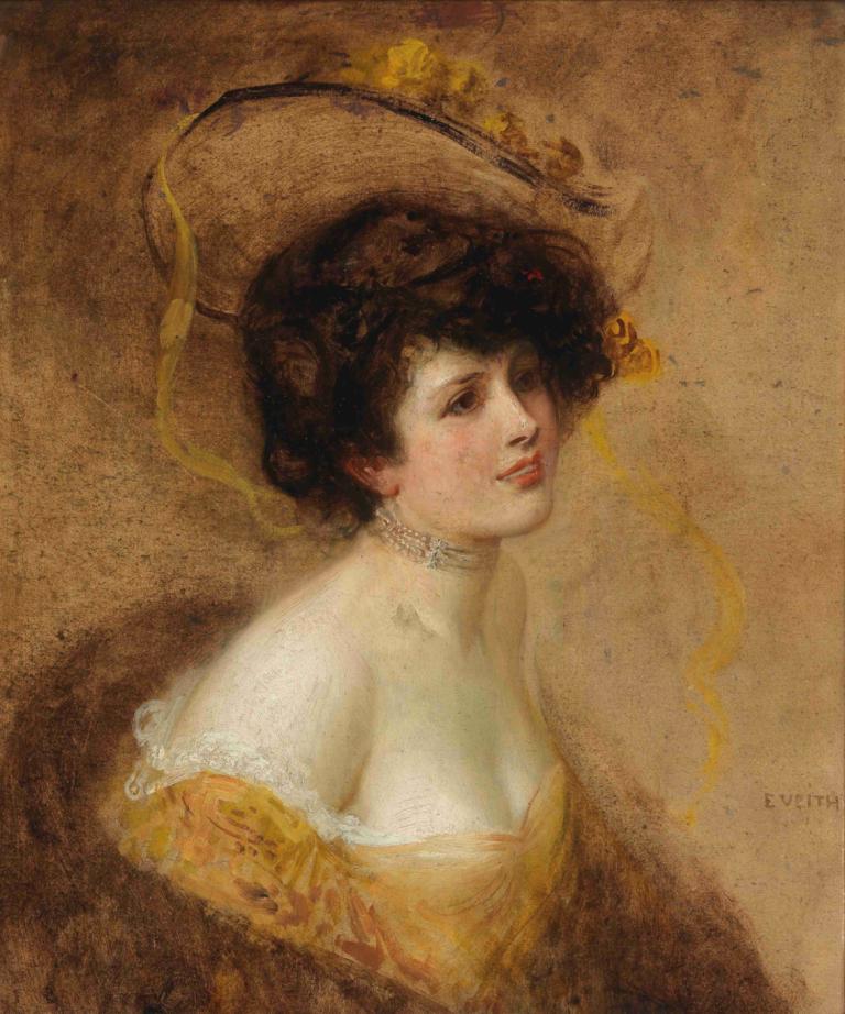 Dame mit Hut in gelbem Kleid,Wanita bertopi dengan gaun kuning,Eduard Veith,Lukisan cat minyak