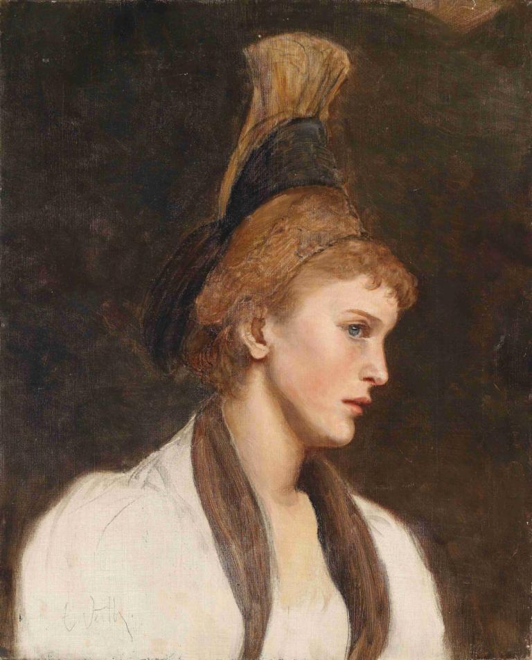 Frau im Profil mit Goldhaube,Wanita dalam profil dengan topi emas,Eduard Veith,Lukisan cat minyak