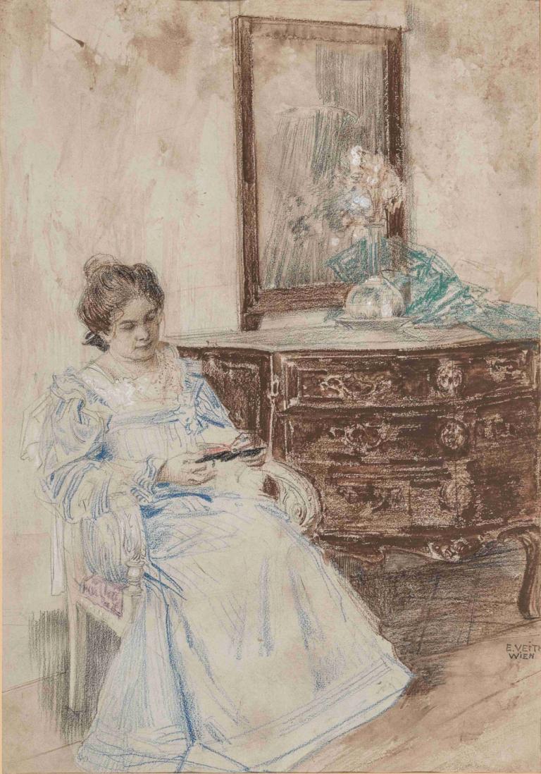 Lesende Frau,読書女性,Eduard Veith,エドゥアルド・ヴァイス,油絵,油絵, 1女の子, ソロ, ドレス, 座っている, 美術パロディ, 従来のメディア, 屋内で, 茶髪, ホールディング, 黒髪