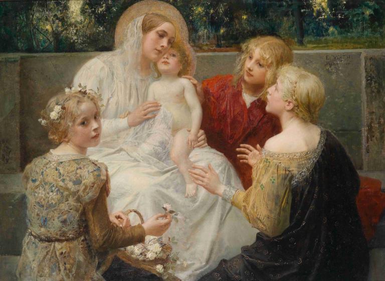 Madonna Mit Jesus Umgeben Von Kindern,Eduard Veith,Ölgemälde,Ölgemälde, Kunstparodie, Kleid, mehrere Mädchen