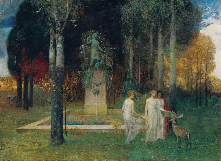 Nymphen am Brunnen,Eduard Veith,Ölgemälde,Ölgemälde, Baum, Kleid, Kunstparodie, draußen, braune Haare