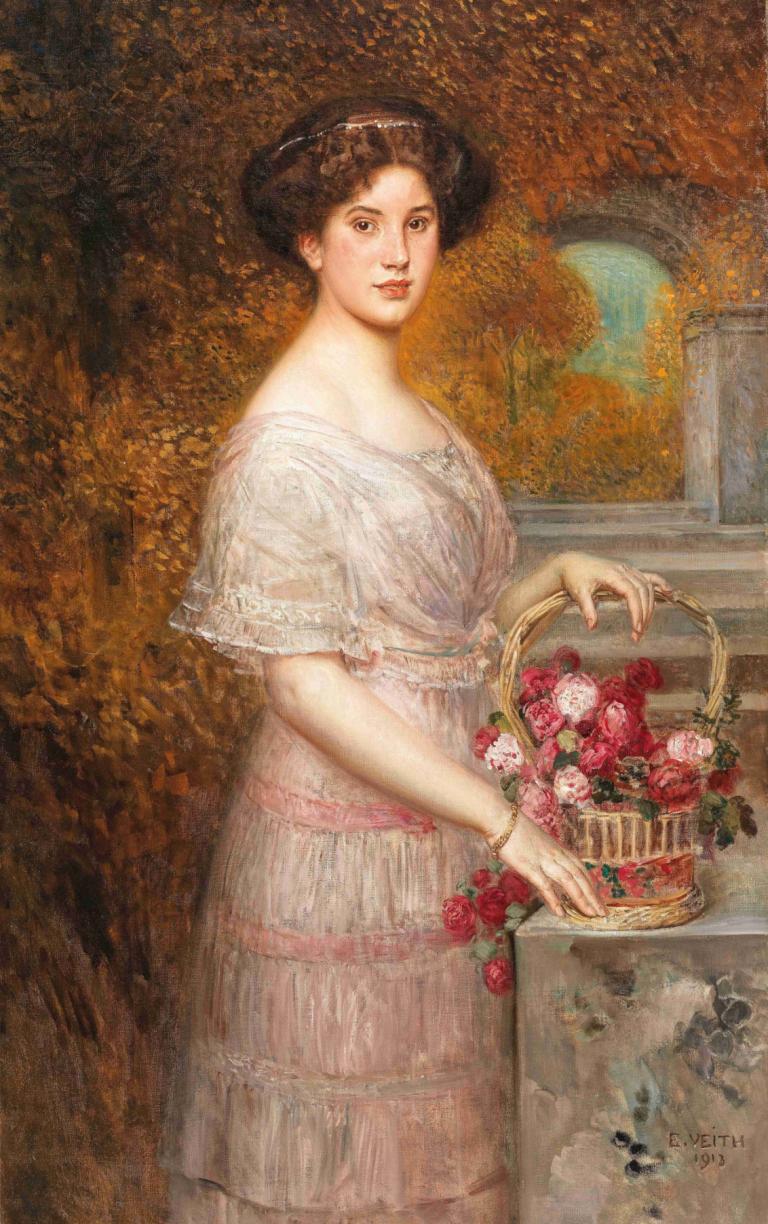 Porträt Annie Sussanka,Eduard Veith,Ölgemälde,Ölgemälde, 1Mädchen, Solo, Blume, Kleid, Kunstparodie