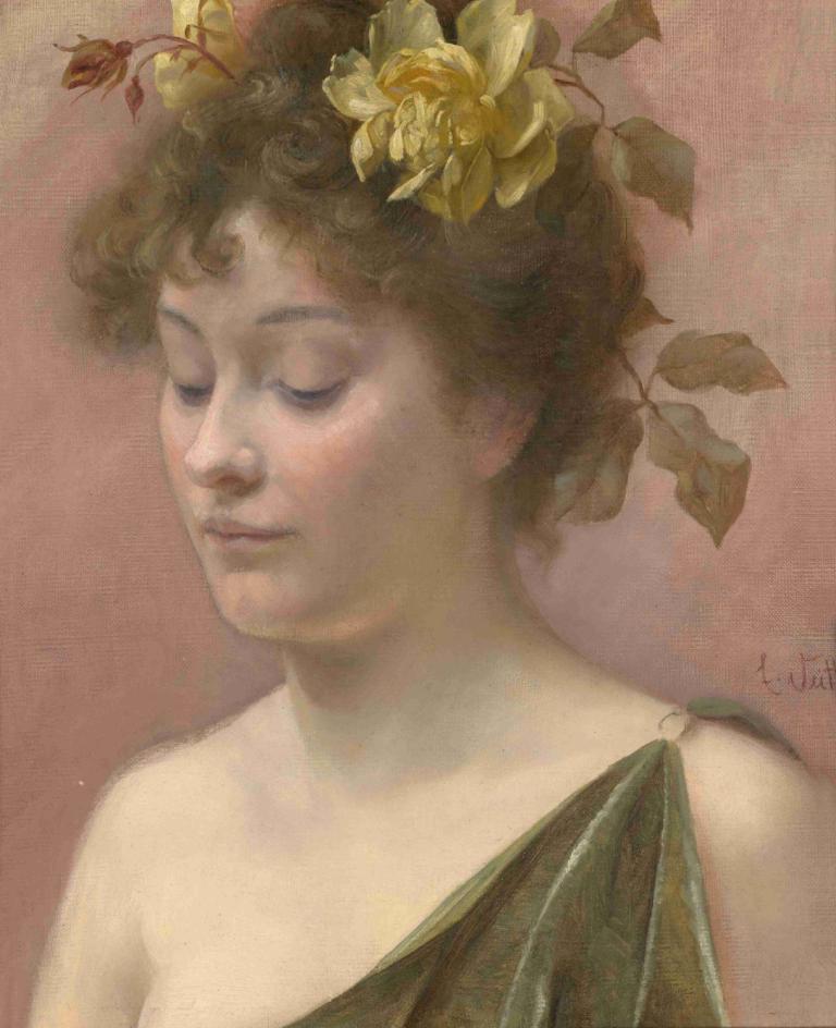 Portrait einer jungen Frau,若い女性の肖像,Eduard Veith,エドゥアルド・ヴァイス,油絵,油絵, ソロ, 1女の子, 目を閉じた, 現実的な, 花, 髪飾り, 髪の花, 茶髪