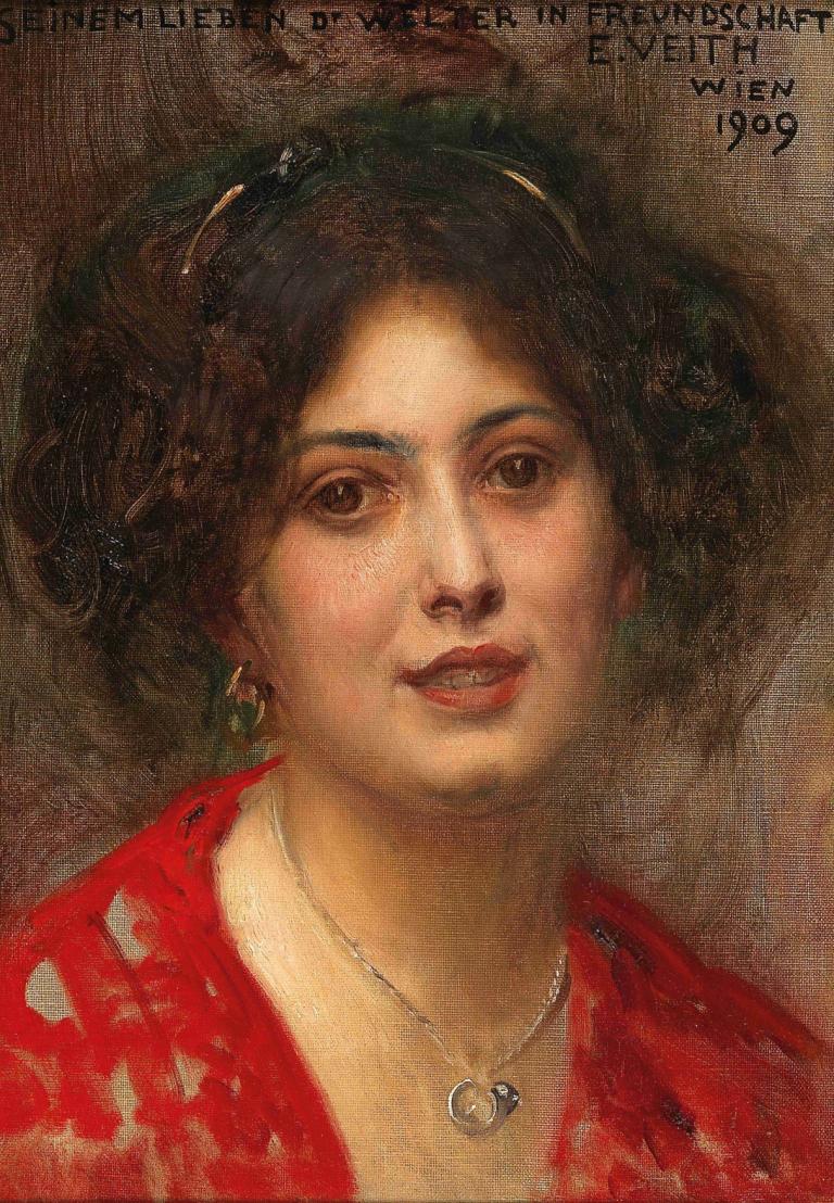 Portrait of a Young Woman in a Red Dress,Eduard Veith,Oil Painting,Oil Painting, 1girl, solo, jewelry