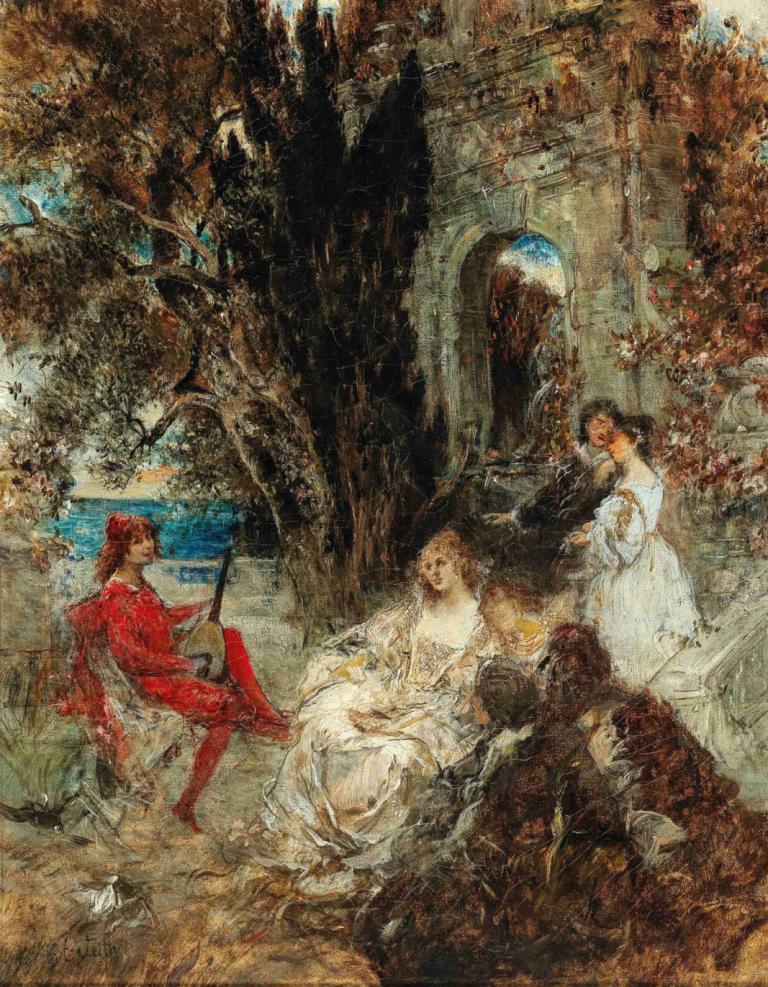 Serenade,Eduard Veith,Ölgemälde,Ölgemälde, mehrere Mädchen, Kleid, Baum, Sitzung, Kunstparodie