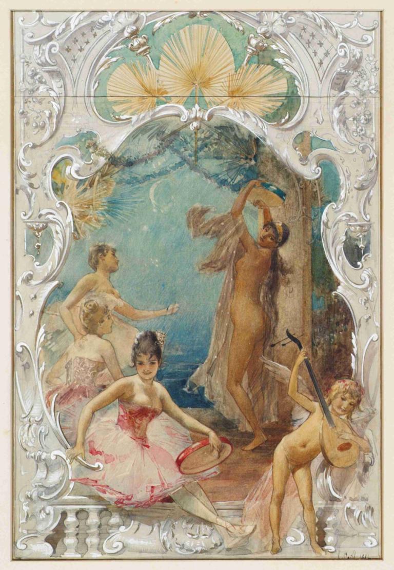 Tanz,댄스,Eduard Veith,에두아르트 베이트,오일 페인팅,오일 페인팅, 미술 패러디, 여러 여자, 발레리나, 댄스, 발레, 흑발, 초승달, 드레스, 아르누보, 기구, 발레 슬리퍼