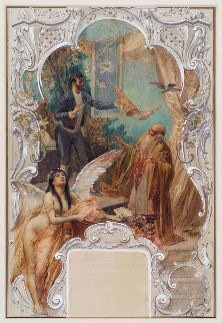 Taschenspieler,Kunstgreb,Eduard Veith,Oliemaleri,Oliemaleri, kunstparodi, vinger, sort hår, flere drenge