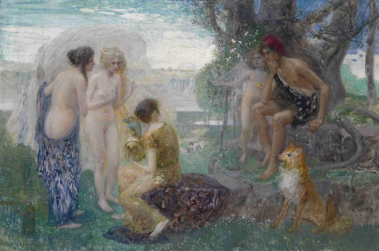 Urteil Des Paris,Eduard Veith,Ölgemälde,Ölgemälde, Kunstparodie, nackt, mehrere Mädchen, Baum, Sitzung