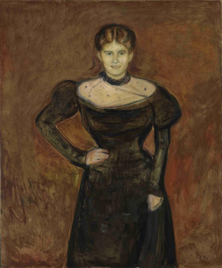 Aase Nørregaard,Edvard Munch,Tempera,Tempera, solo, dress, 1girl, hand on hip, long sleeves, black dress