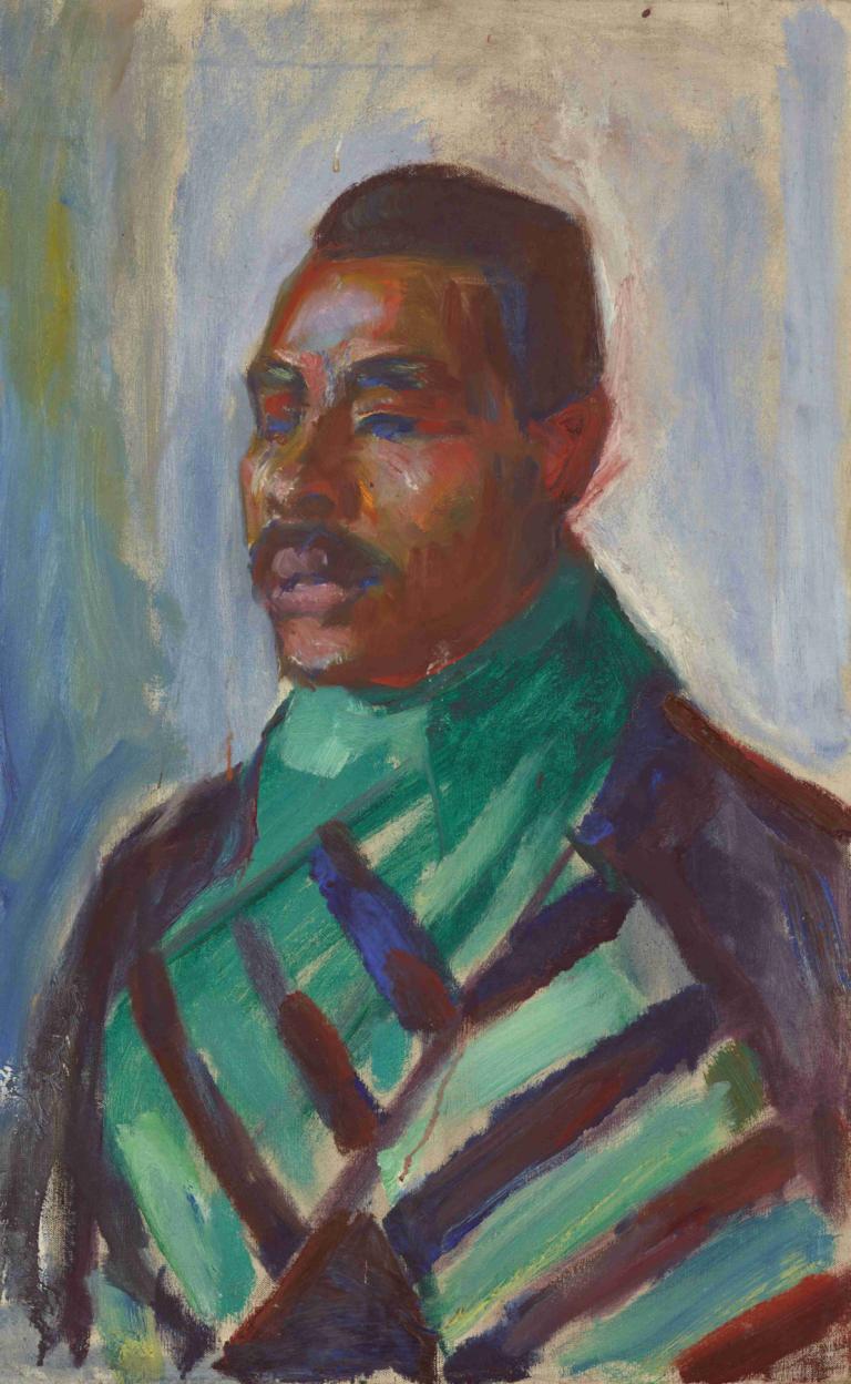 African with Green Scarf,Edvard Munch,Tempera,Tempera, 1boy, solo, male focus, dark skin, black hair