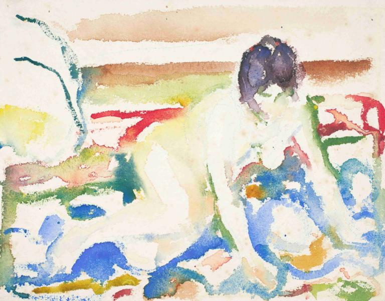 Akt på mønstret teppe,Edvard Munch,Watercolor,Watercolor, 1girl, painting (medium), solo, watercolor (medium)